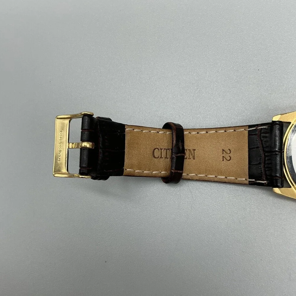 Citizen WR 50 Mens Watch 38mm Black Dial Date Gold Tone Brown Leather Band